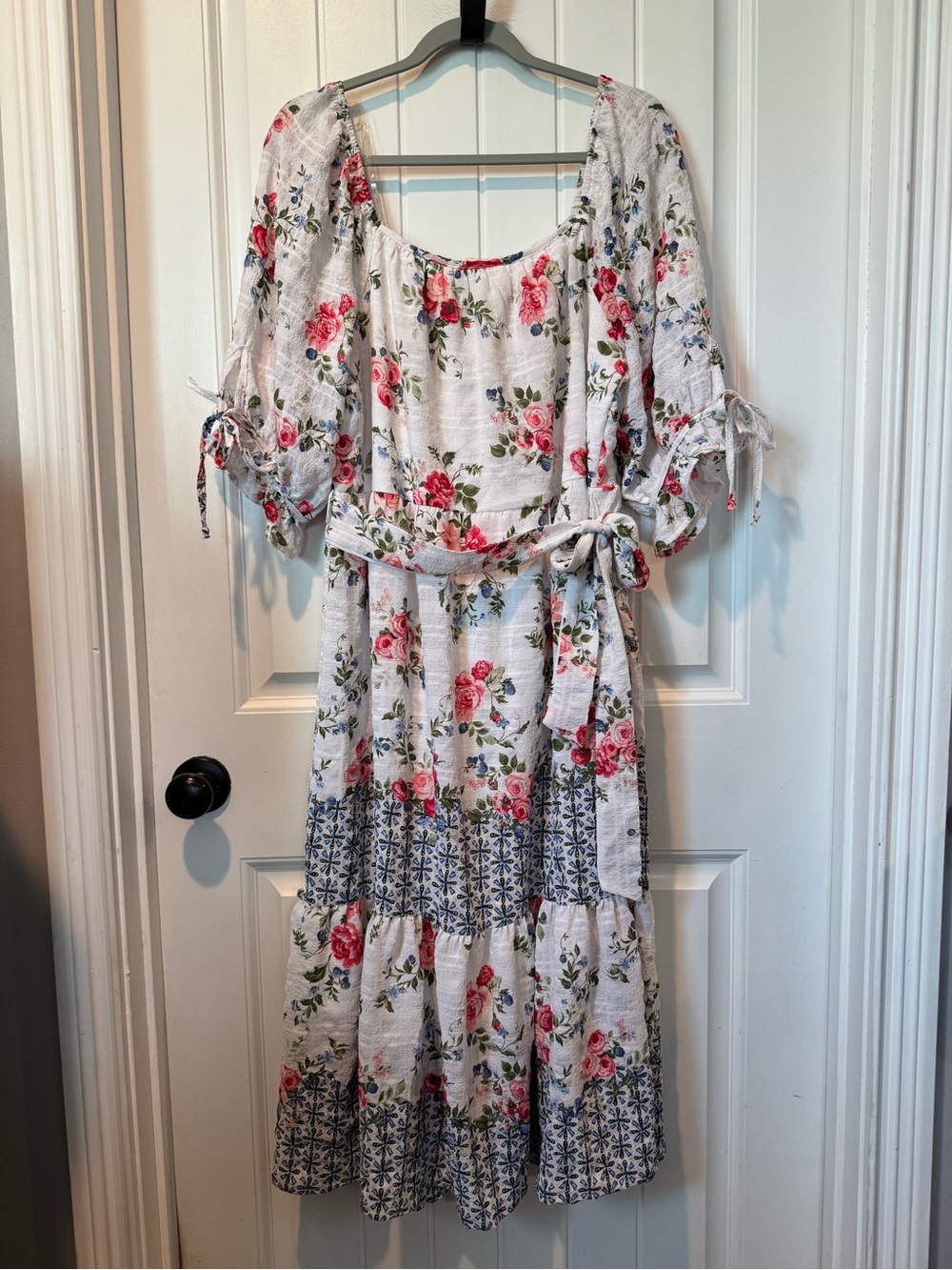 Floral Peasant Midi Dress in White with Pink Roses and Blue Accents (Large)